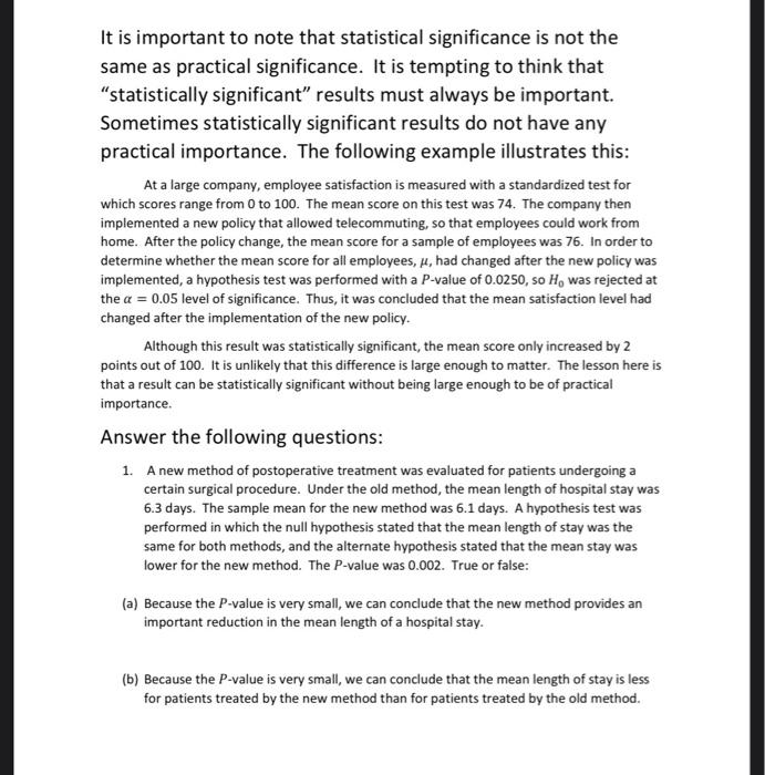 Solved It Is Important To Note That Statistical Significance | Chegg.com