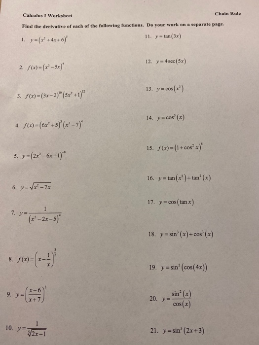 Solved Chain Rule Calculus I Worksheet Find the derivative | Chegg.com