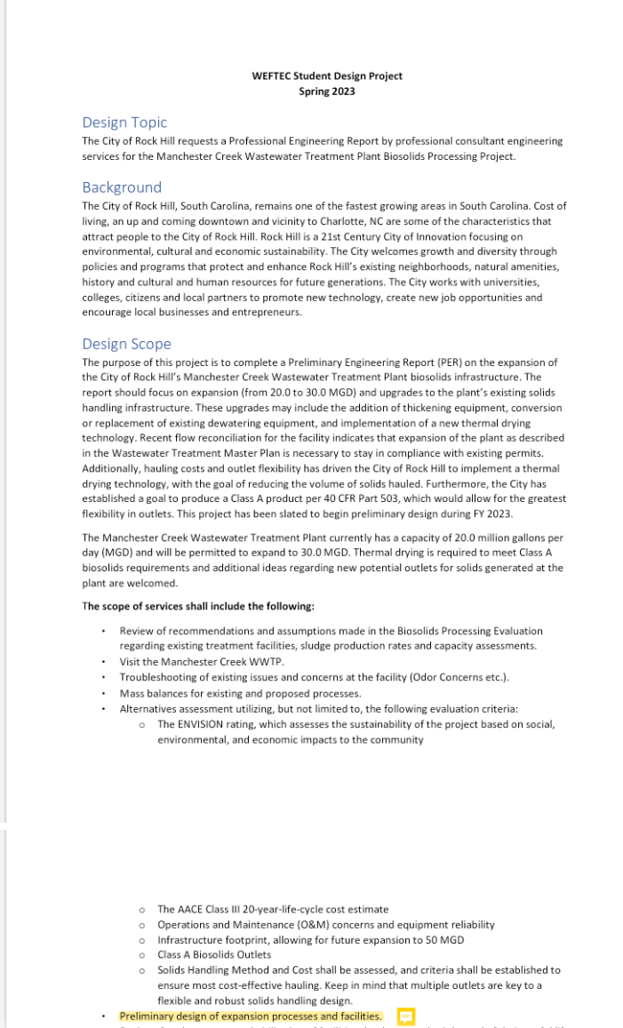 Solved WEFTEC Student Design Project Spring 2023 Design