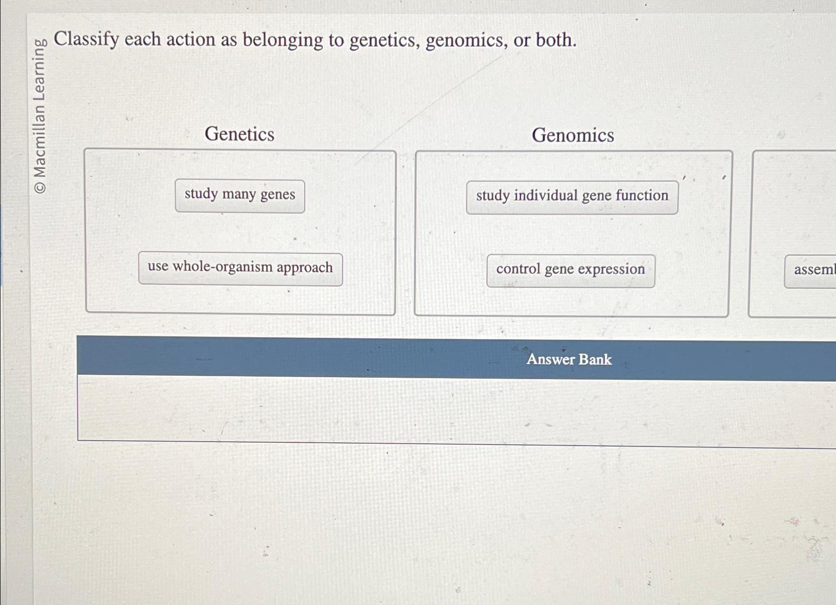 Solved no Classify each action as belonging to genetics, | Chegg.com