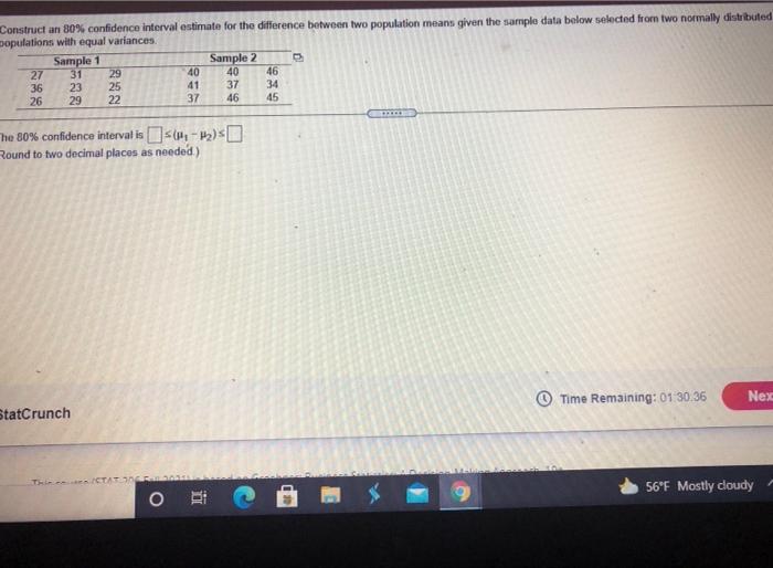 Solved Construct an 80% confidence interval estimate for the | Chegg.com