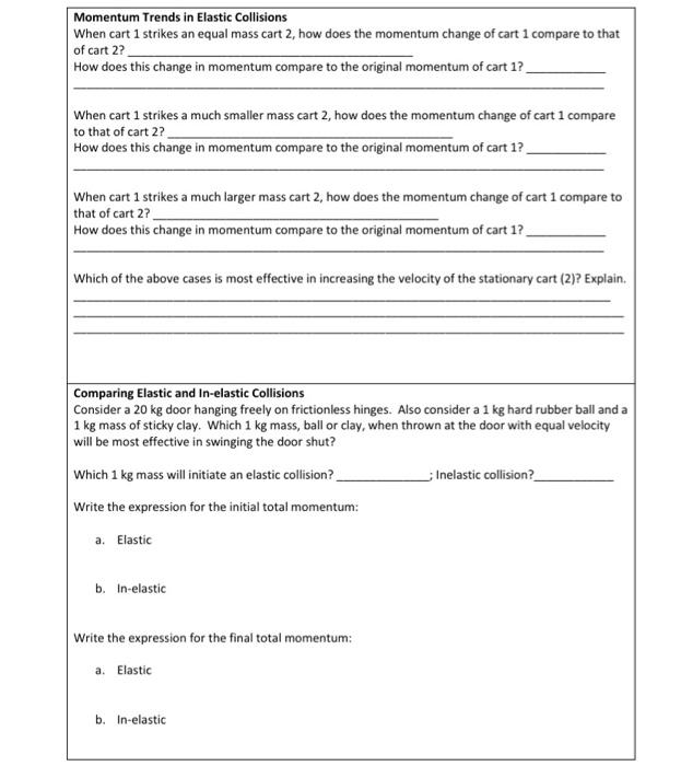 Solved Momentum Trends in Elastic Collisions When cart 1 | Chegg.com