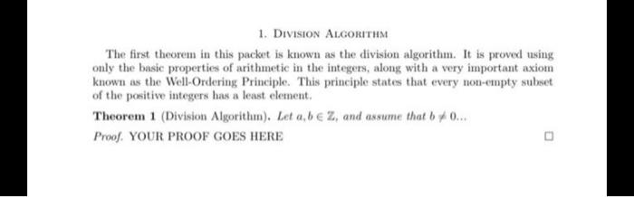 Solved 1. DIVISION ALGORITHM The first theorem in this | Chegg.com