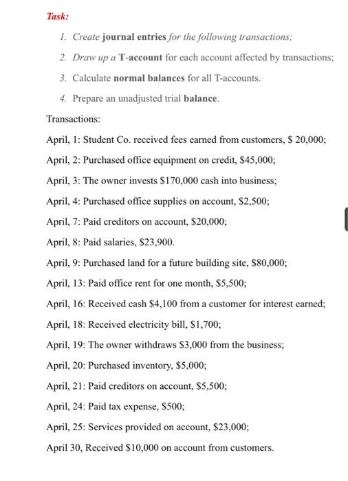 Solved Task: 1. Create journal entries for the following | Chegg.com