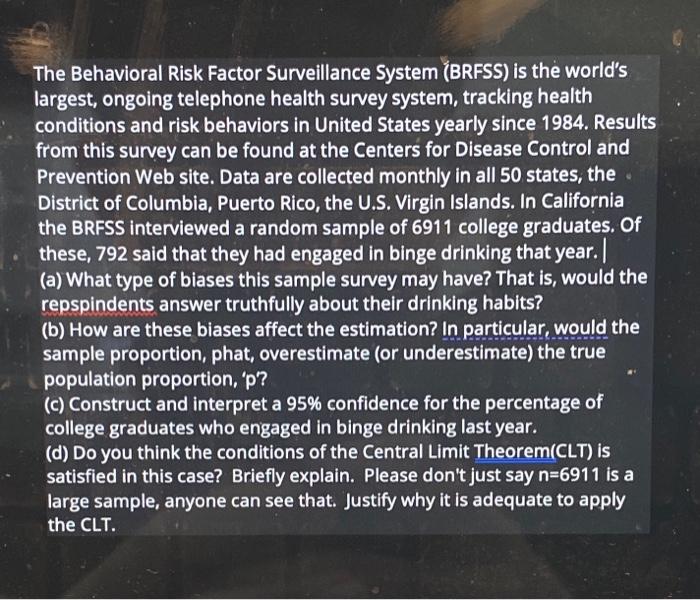 Solved The Behavioral Risk Factor Surveillance System | Chegg.com