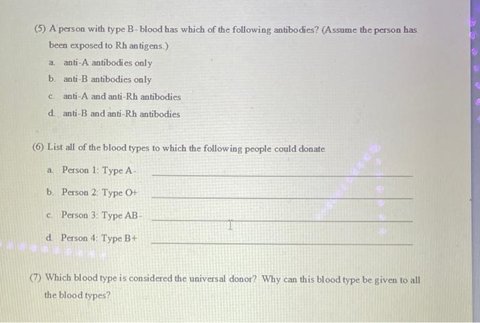 Solved (5) A person with type B-blood has which of the | Chegg.com