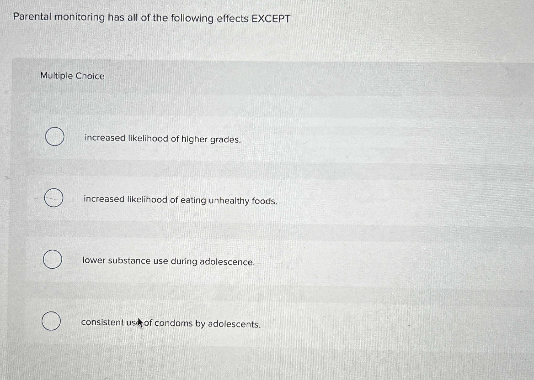 Solved Parental monitoring has all of the following effects | Chegg.com