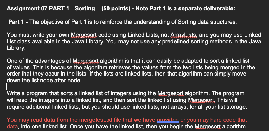 Solved In Java Assignment 07 ﻿PART 1 ﻿Sorting ( 50 | Chegg.com
