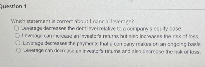 Solved Which Statement Is Correct About Financial Leverage? | Chegg.com