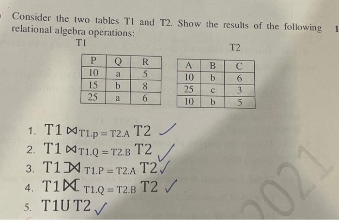 Solved Consider The Two Tables Tl And T2. Show The Results | Chegg.com