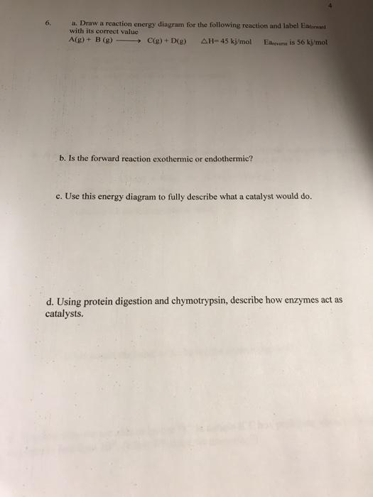 Solved 6. a. Draw a reaction energy diagram for the | Chegg.com
