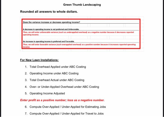 Green Thumb Landscaping: Performance Report under | Chegg.com