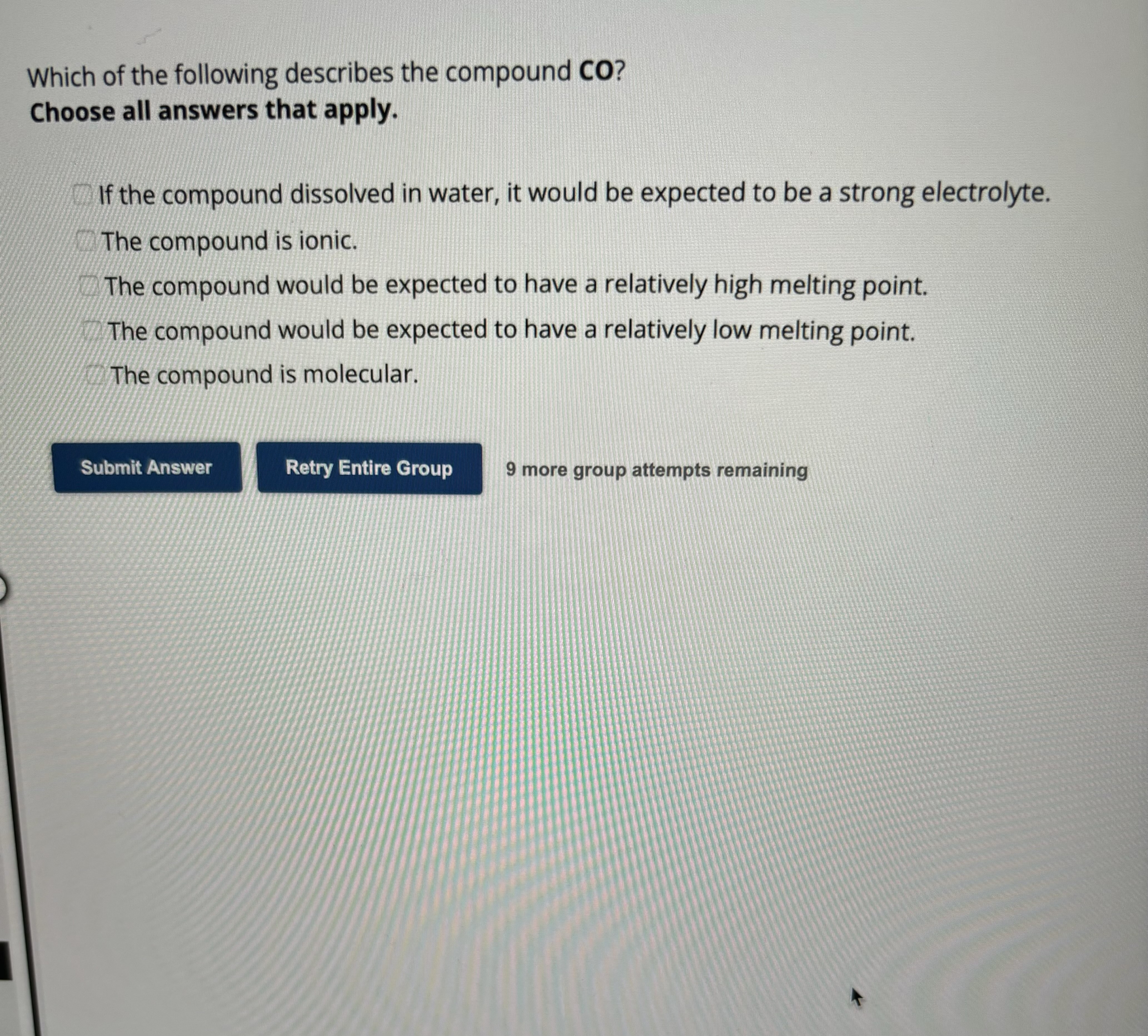Solved Which of the following describes the compound | Chegg.com