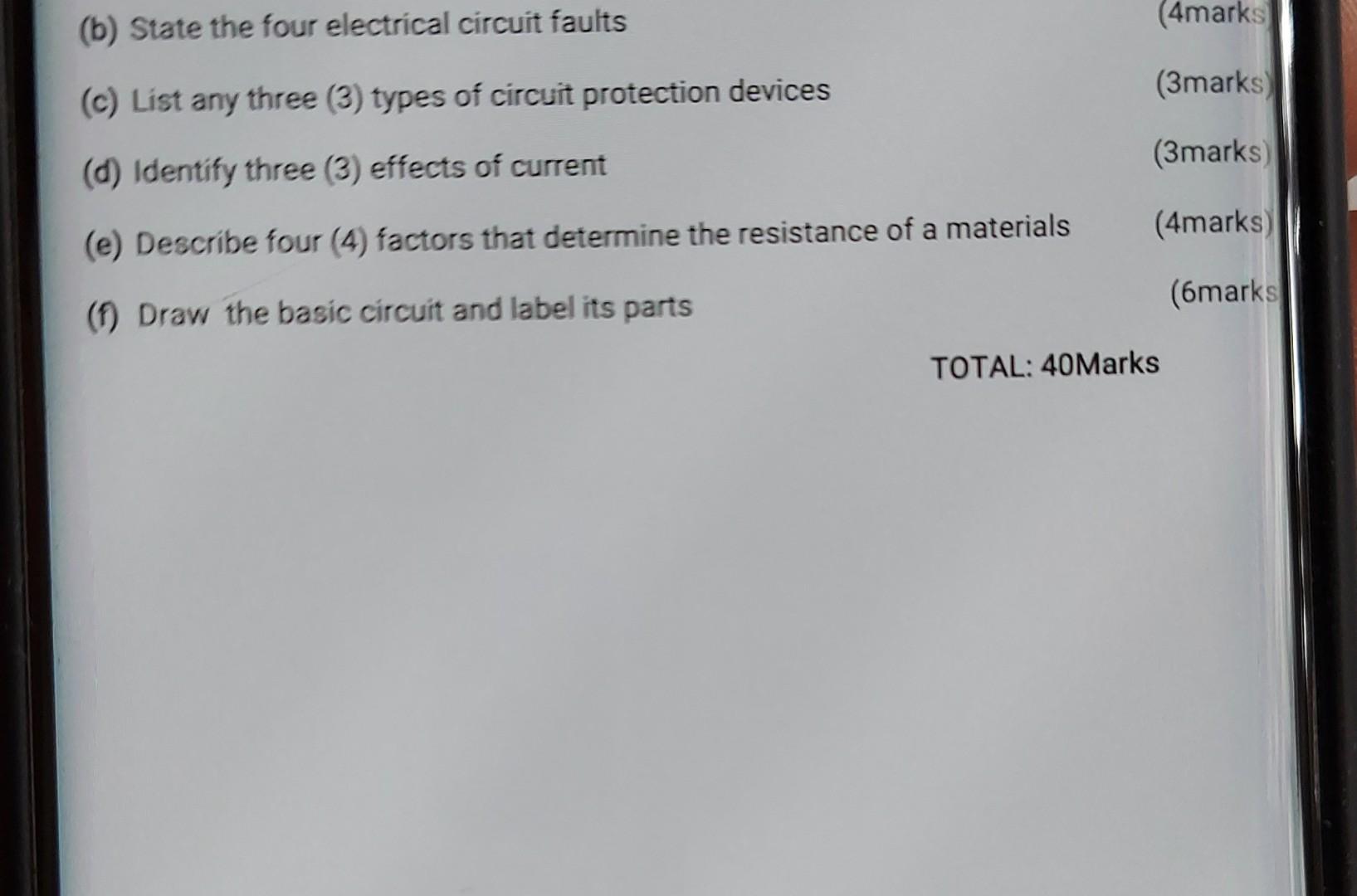 Solved (b) State The Four Electrical Circuit Faults (c) List | Chegg.com