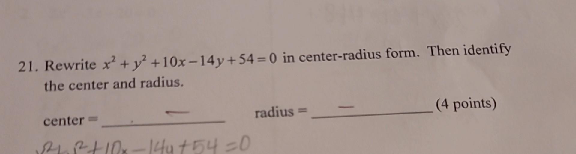 x 2 y 2 100 center and radius