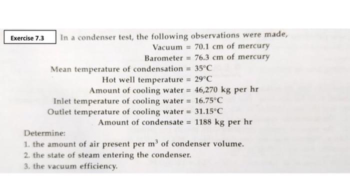 Solved Exercise 7.3 In A Condenser Test, The Following | Chegg.com