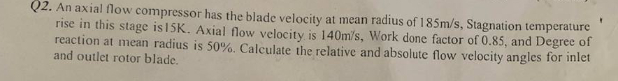 Solved Q2. ﻿An axial flow compressor has the blade velocity | Chegg.com