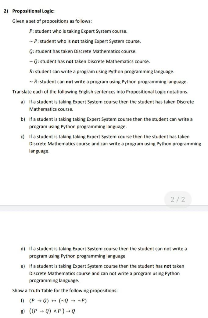 Solved 2) Propositional Logic: Given A Set Of Propositions | Chegg.com