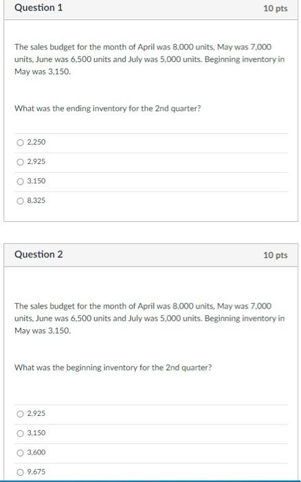 Solved Question 1 10 pts The sales budget for the month of | Chegg.com
