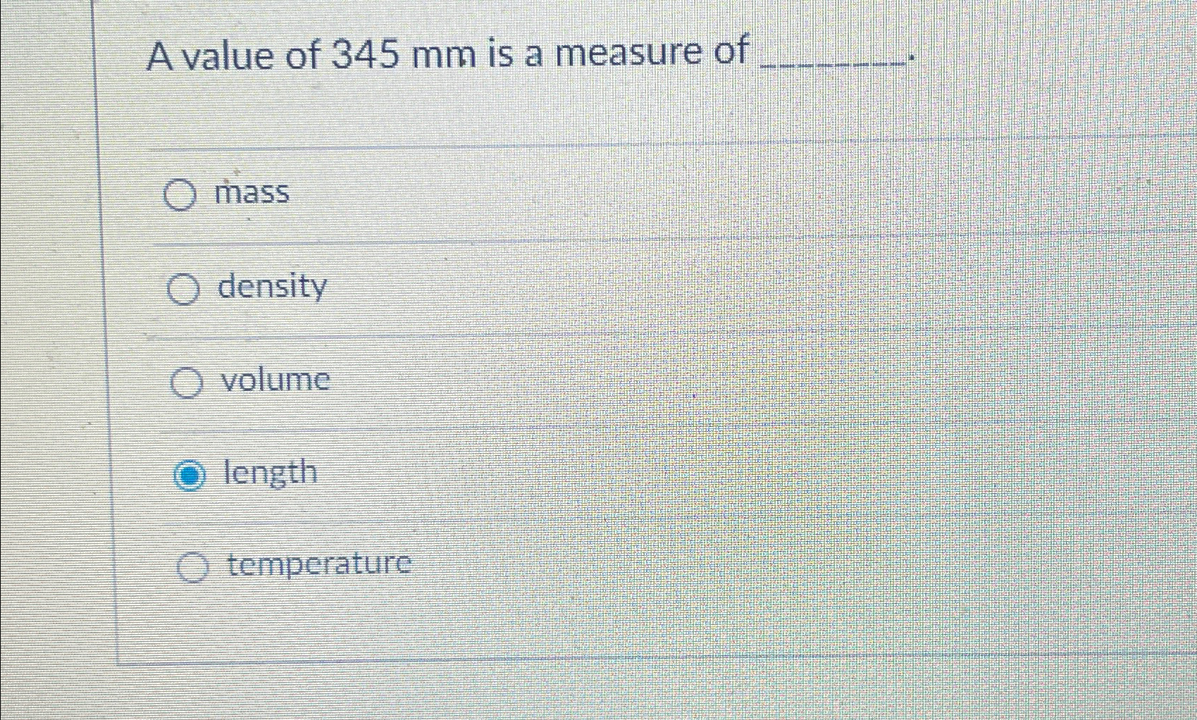 Solved A value of 345mm ﻿is a measure | Chegg.com