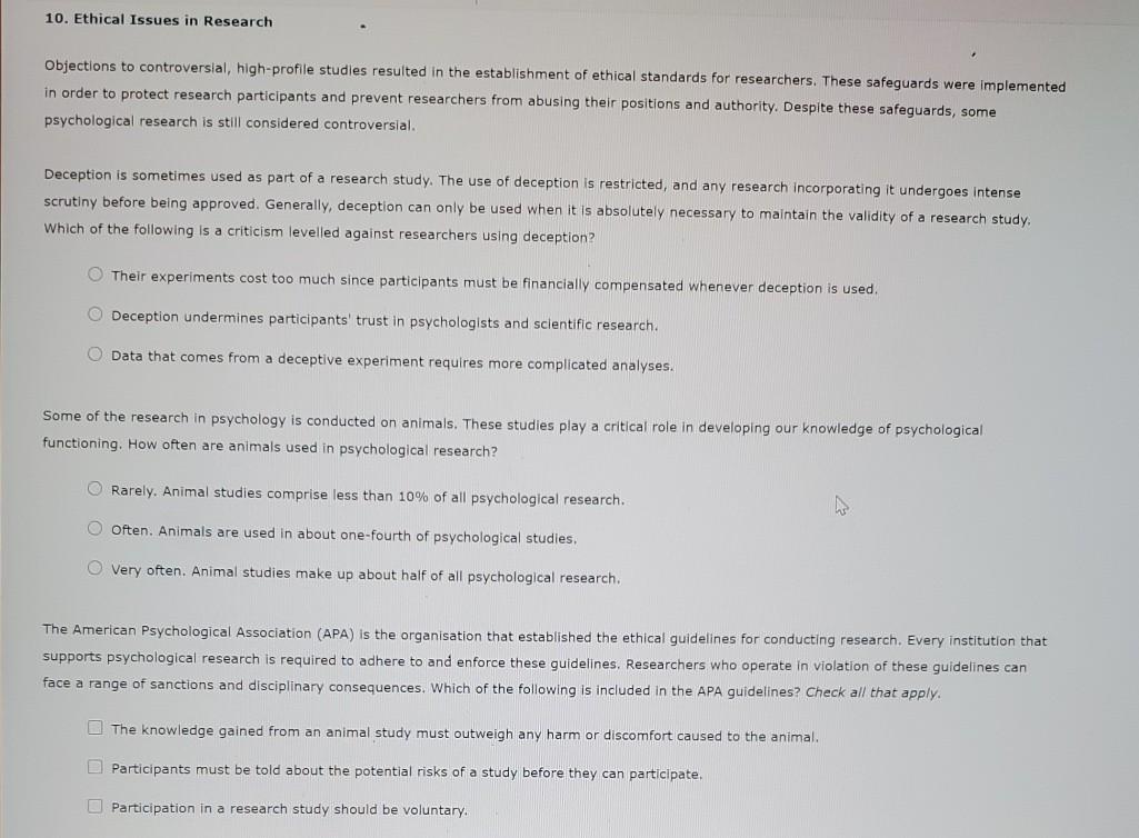 Solved 10. Ethical Issues in Research Objections to | Chegg.com