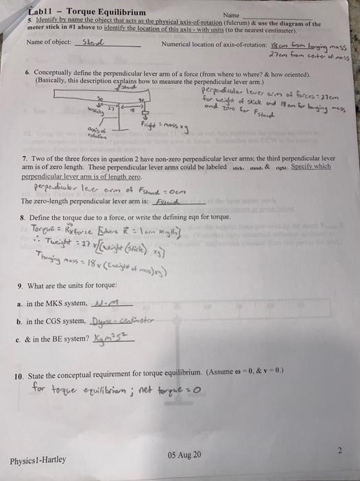 Solved need help with the post lab questions of a physics | Chegg.com