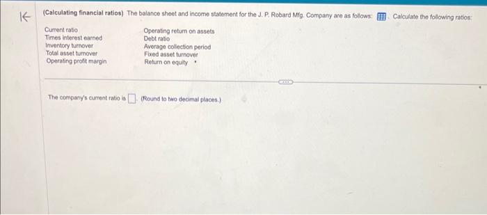 (Calculating financial ratios) The balance sheet and income statement for the J. P. Robard. Mig. Company are as follows:
Calc