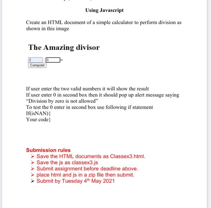 Solved Using Javascript Create an HTML document of a simple | Chegg.com