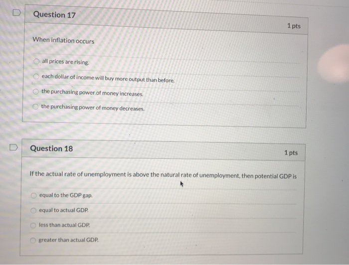 Solved Question 17 1 pts When inflation occurs all prices | Chegg.com