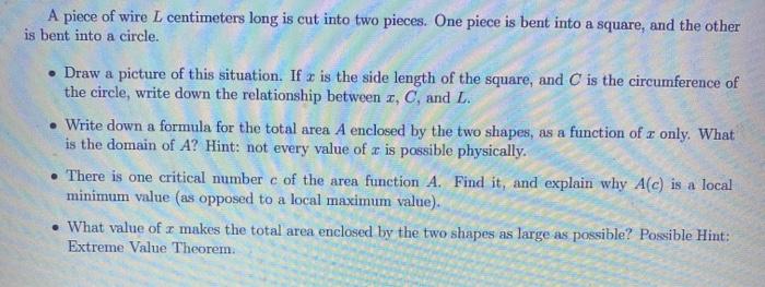 Solved A piece of wire L centimeters long is cut into two | Chegg.com