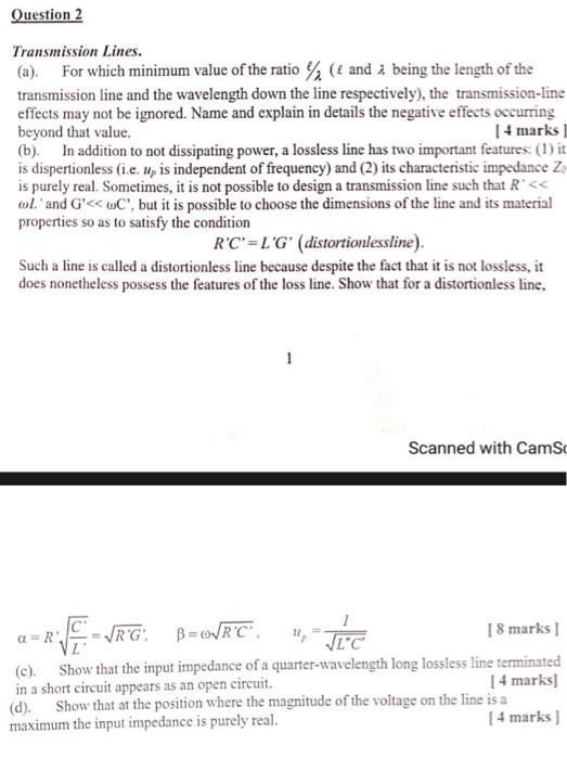 Solved Question 2 Transmission Lines. (a). For which minimum | Chegg.com