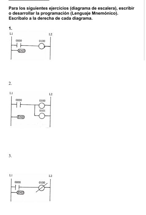 Para los siguientes ejercicios (diagrama de escalera), escribir o desarrollar la programación (Lenguaje Mnemónico). Escríbalo