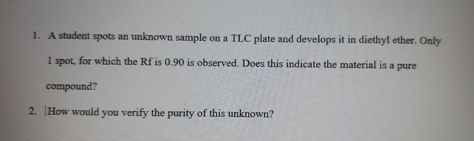 Solved 1. A student spots an unknown sample on a TLC plate | Chegg.com