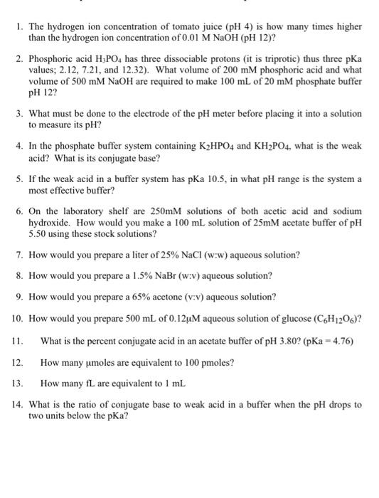 Solved 1. The hydrogen ion concentration of tomato juice