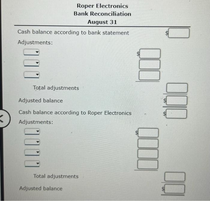 Roper Electronics
Bank Reconciliation
August 31
Cash balance according to bank statement
Adjustments:
Total adjustments
Adjus