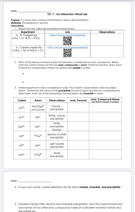 Solved NAME Ch. 7-Ion Interaction Virtual Lab Purpose: To | Chegg.com