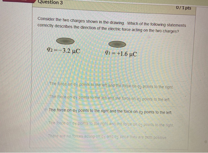 Solved Question 3 0/1 pts Consider the two charges shown in | Chegg.com