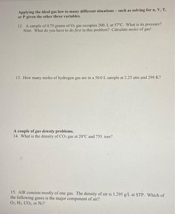 Solved Applying the ideal gas law to many different | Chegg.com