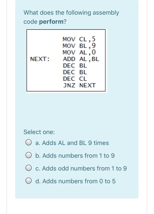 Solved What does the following assembly code perform? NEXT: | Chegg.com