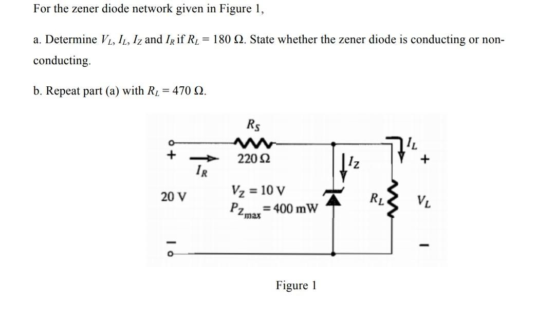 Solved For the zener diode network given in Figure 1, a. | Chegg.com