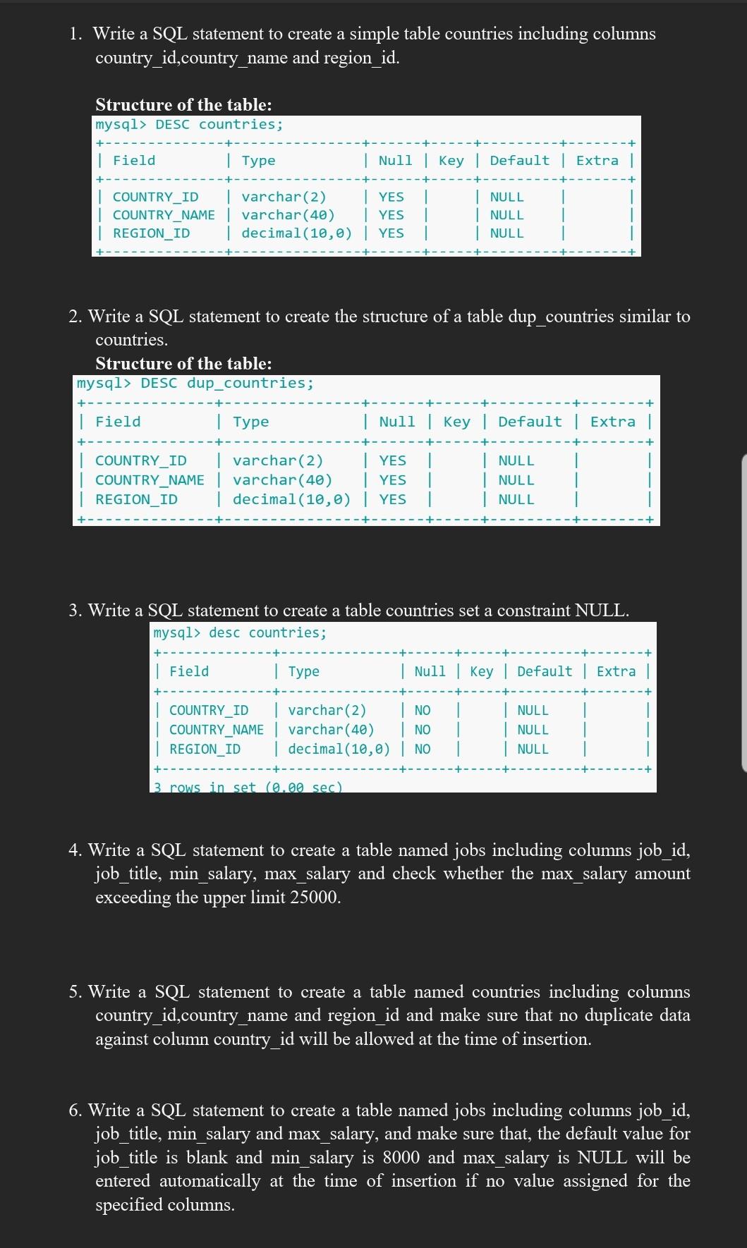 Solved 1. Write a SQL statement to create a simple table | Chegg.com