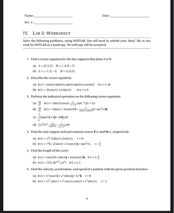 Solved Name: Sec. #: IV. LAB 5: WORKSHEET Solve the | Chegg.com
