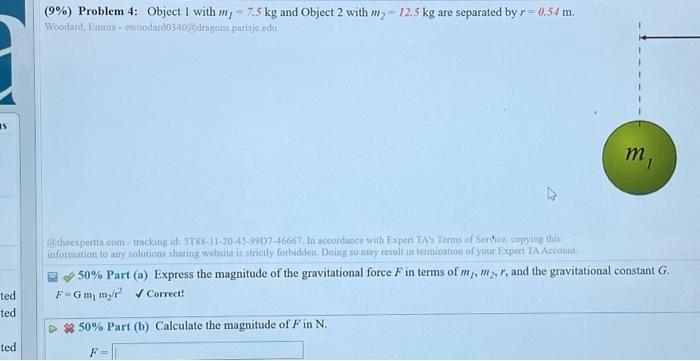 Solved (9%) Problem 4: Object 1 with ml=7.5 kg and Object 2 | Chegg.com