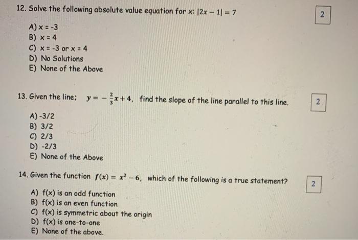 Solved 12. Solve the following absolute value equation for | Chegg.com