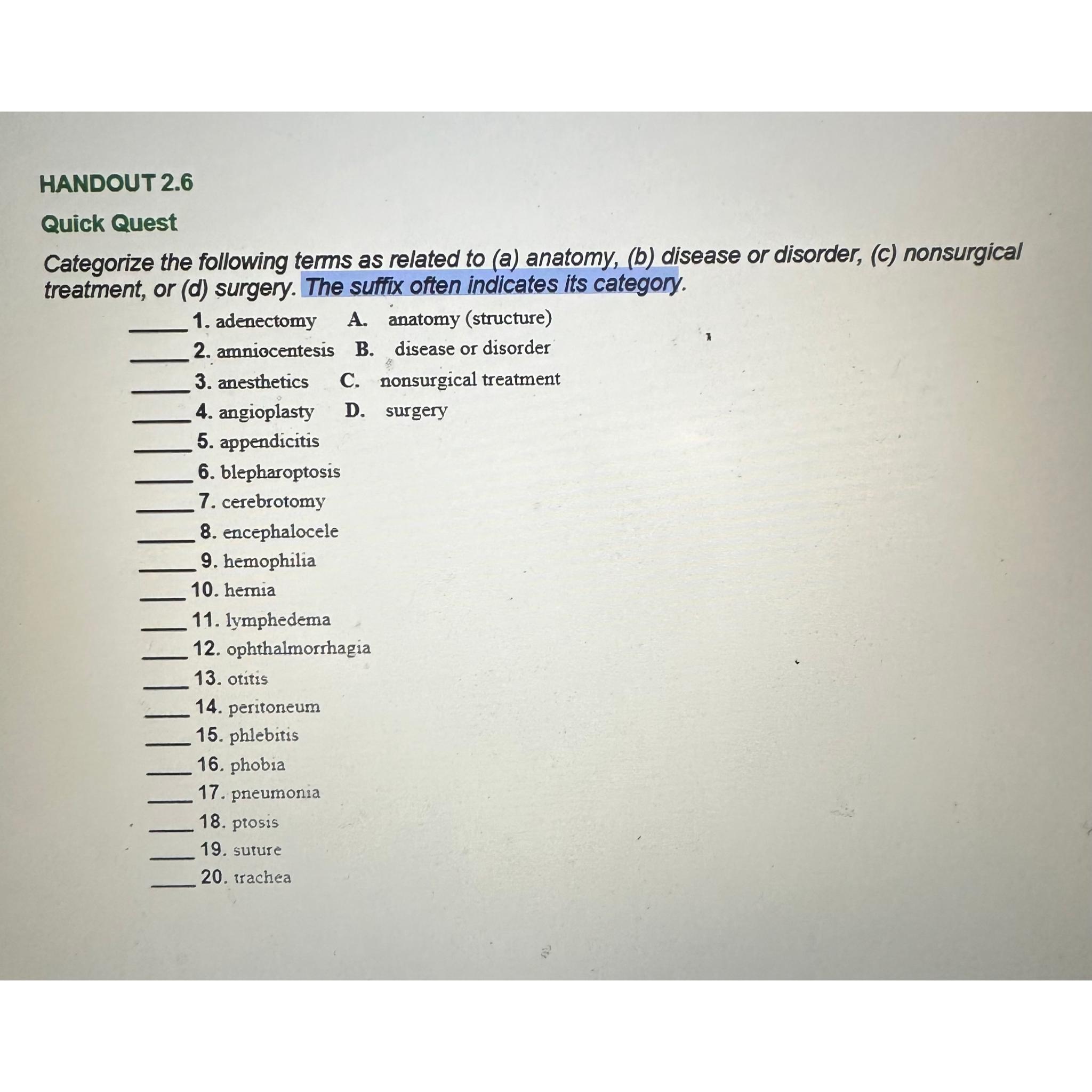 Solved HANDOUT 2.6Quick QuestCategorize the following terms | Chegg.com