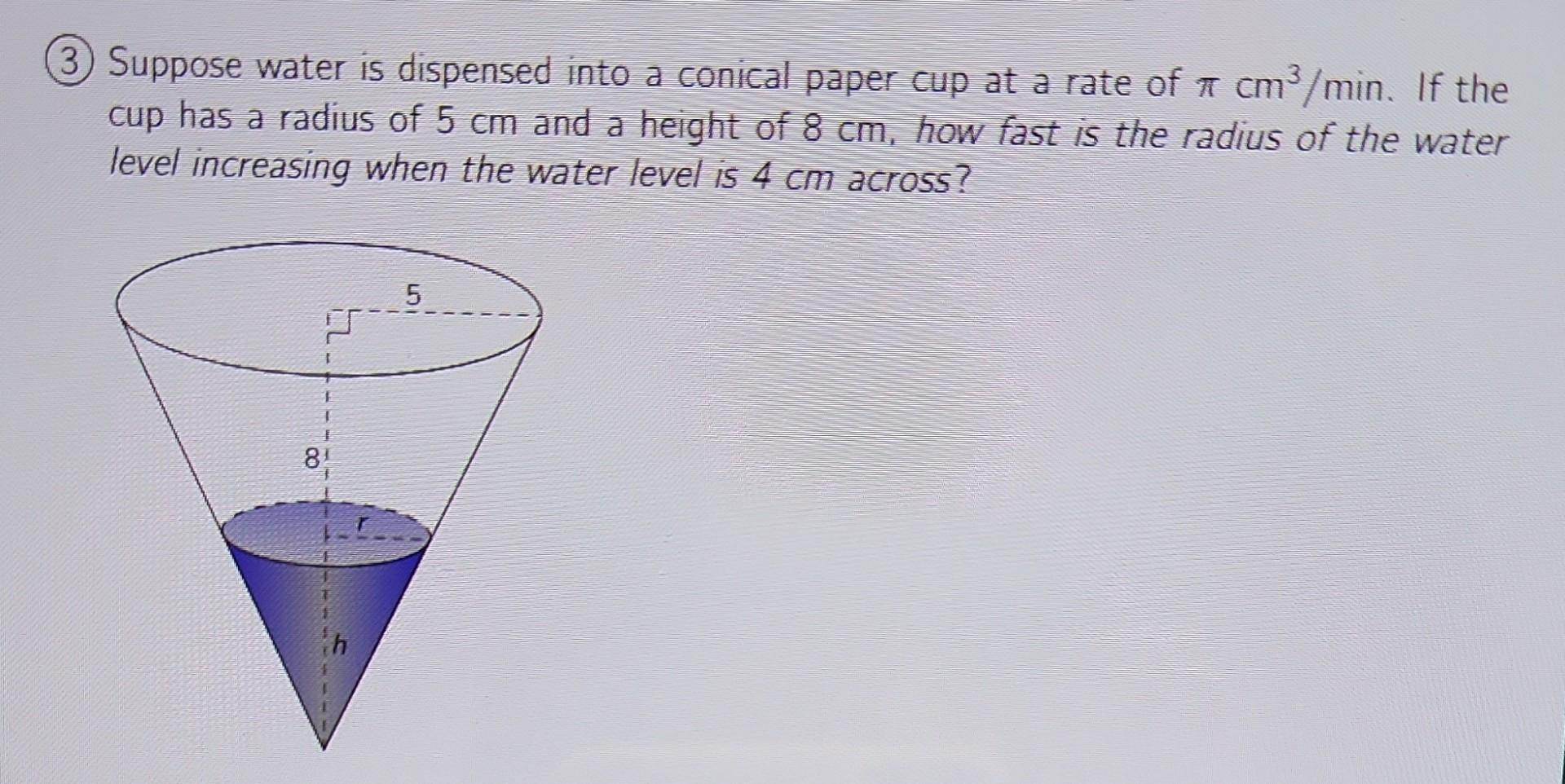 Solved (3) Suppose water is dispensed into a conical paper | Chegg.com