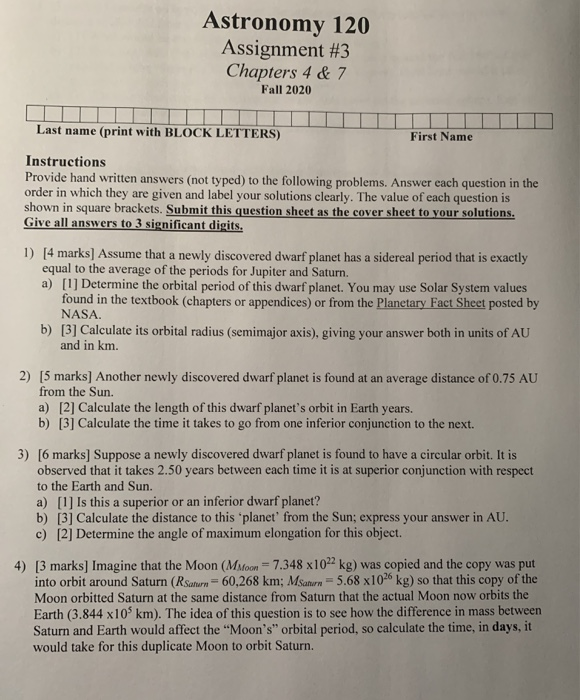Astronomy 120 Assignment #3 Chapters 4 & 7 Fall 2020 | Chegg.com