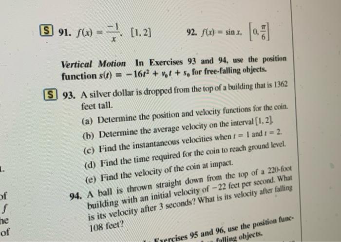 Solved 91 S X 1 2 92 Fo Sinx Vertical Motion Chegg Com