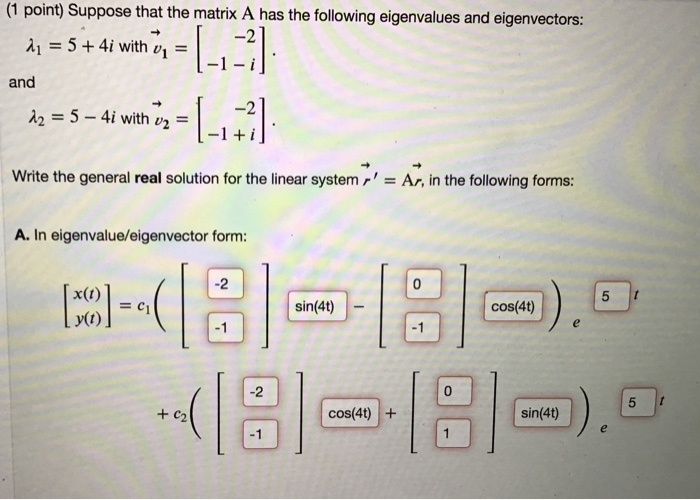 Solved (1 point) Suppose that the matrix A has the following | Chegg.com