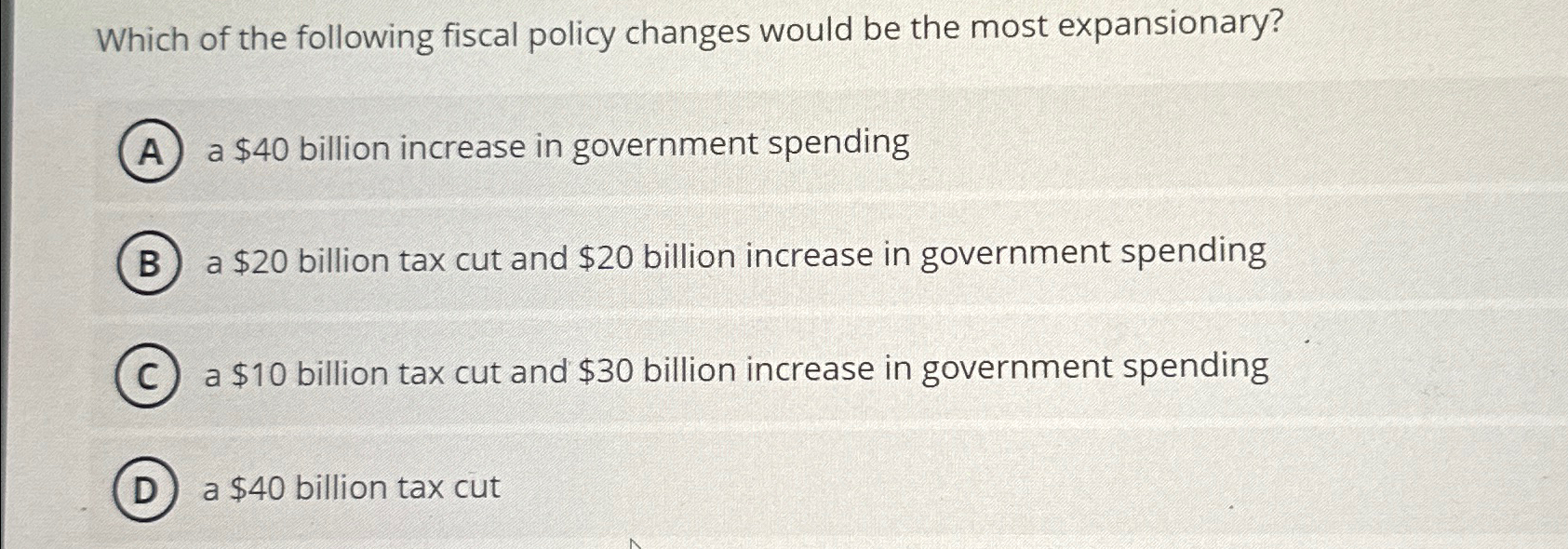 Solved Which Of The Following Fiscal Policy Changes Would Be | Chegg.com